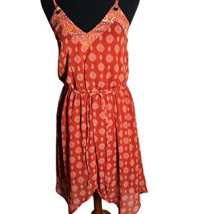 Red & orange paisley type dress size small elastic waist sheer with liner